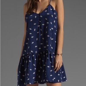 Yumi Kim Revolve Vina Dress Size L Navy Elephant Print Silk Drop Waist